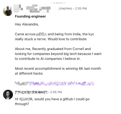 Personalized outreach message to founding engineer